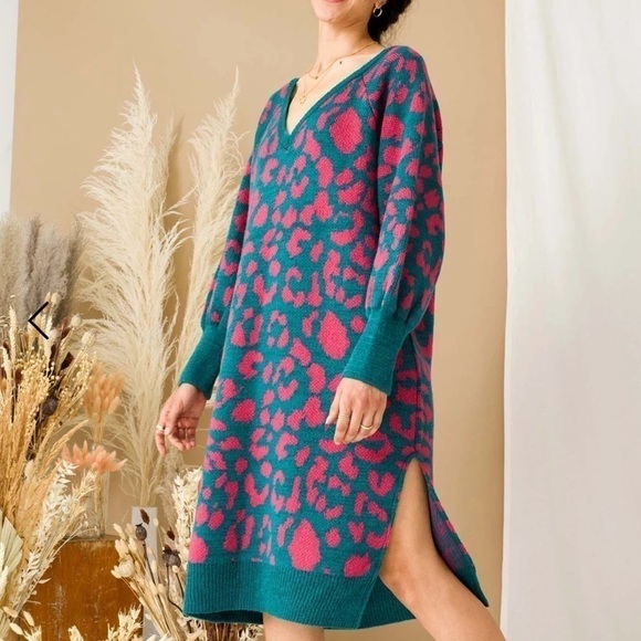Cara & The Sky Elizabeth Animal Midi Knitted Dress Teal Size Small - Picture 1 of 9